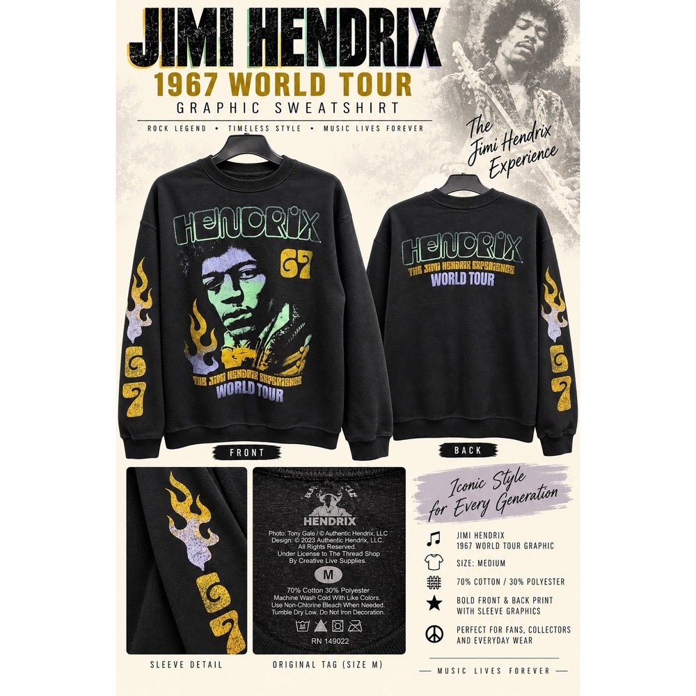 Jimi Hendrix 1967 World Tour Graphic Sweatshirt Black Crewneck Medium Rock Band